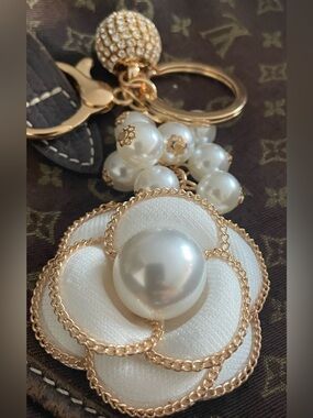 Pearl Camellia Keychain Charm in White and Gold